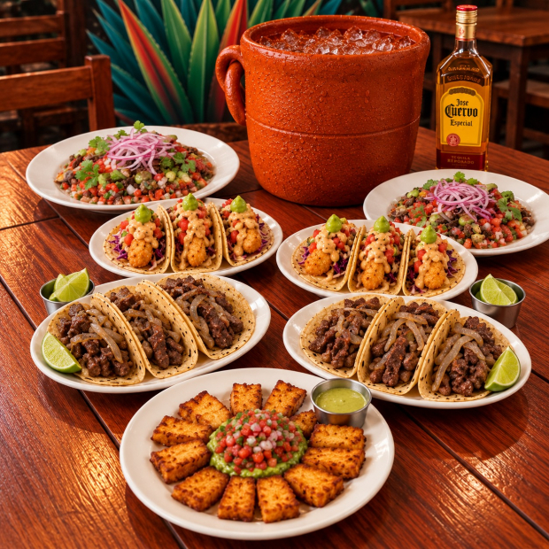 2 CARRACAS + 6 TACOS DE ARRACHERA + 6 TACOS DE CAMARÓN CAPEADOS + QUESO COTIJA FRITO + CANTARITO DE 10 LITROS CON TEQUILA JOSÉ CUERVO ESPECIAL