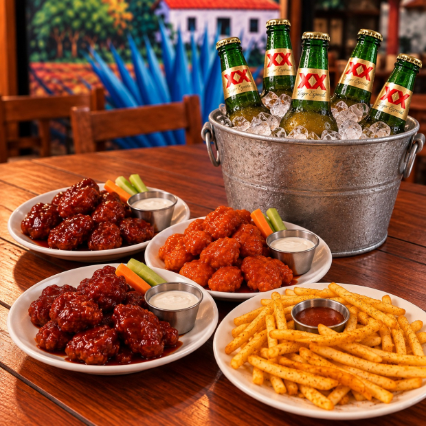 3 BONELESS BBQ O BÚFALO + PAPAS A LA FRANCESA + 5 CERVEZAS XX LAGER