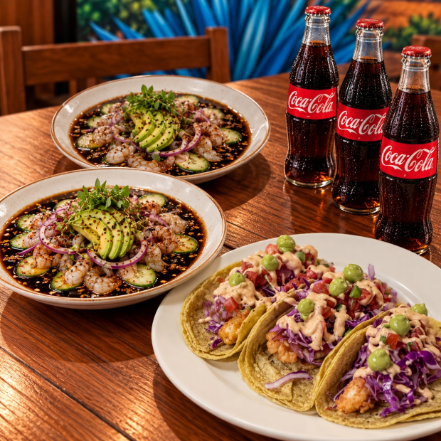 2 AGUACHILES NEGROS + 3 TACOS DE CAMARÓN CAPEADOS + 3 COCA-COLAS