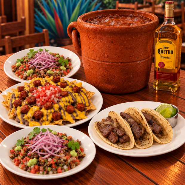 2 CARRACAS + NACHOS CHISTORRA + 3 TACOS DE ARRACHERA + CANTARITO DE 10 LITROS CON TEQUILA JOSÉ CUERVO ESPECIAL