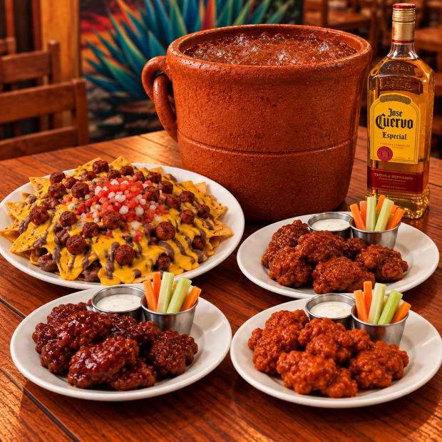 3 BONELESS BBQ O BÚFALO + NACHOS CHISTORRA + CANTARITO DE 10 LITROS CON TEQUILA JOSÉ CUERVO ESPECIAL
